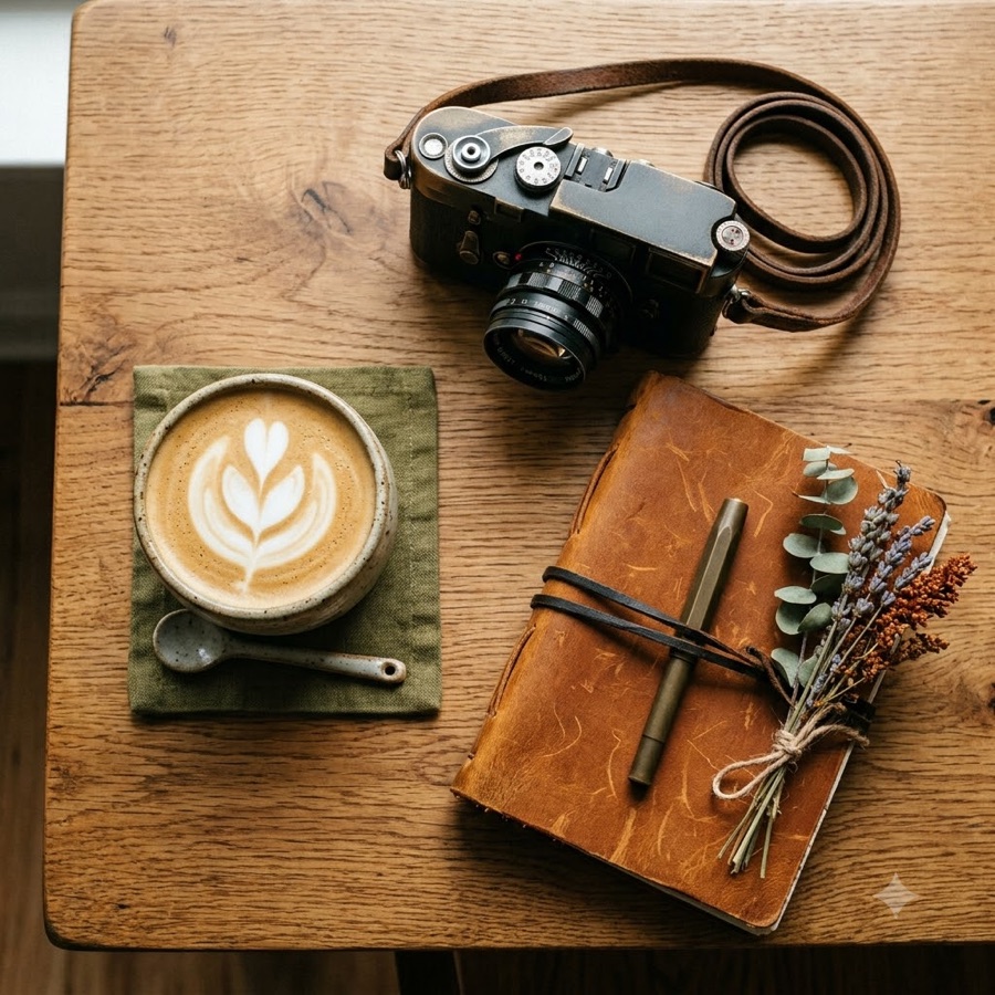Latte with a notebook and camera on a café table