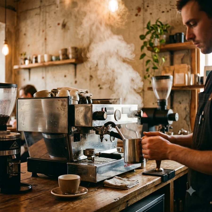 Barista pulling a shot at an espresso machine