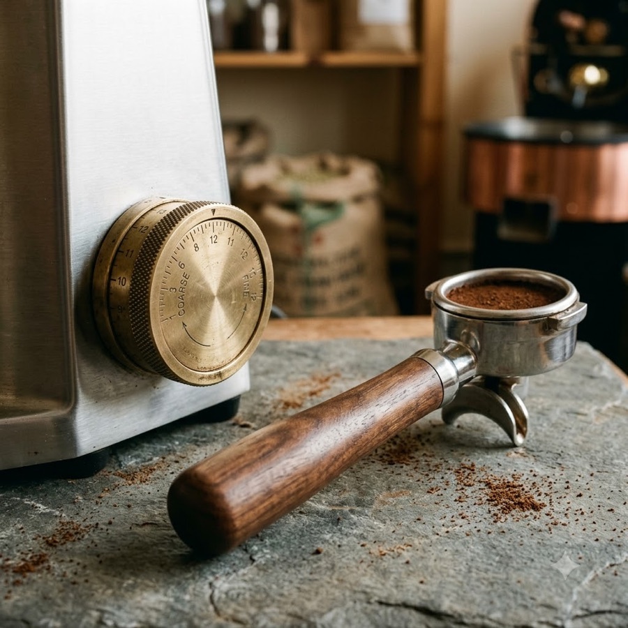 Espresso portafilter beside a coffee grinder